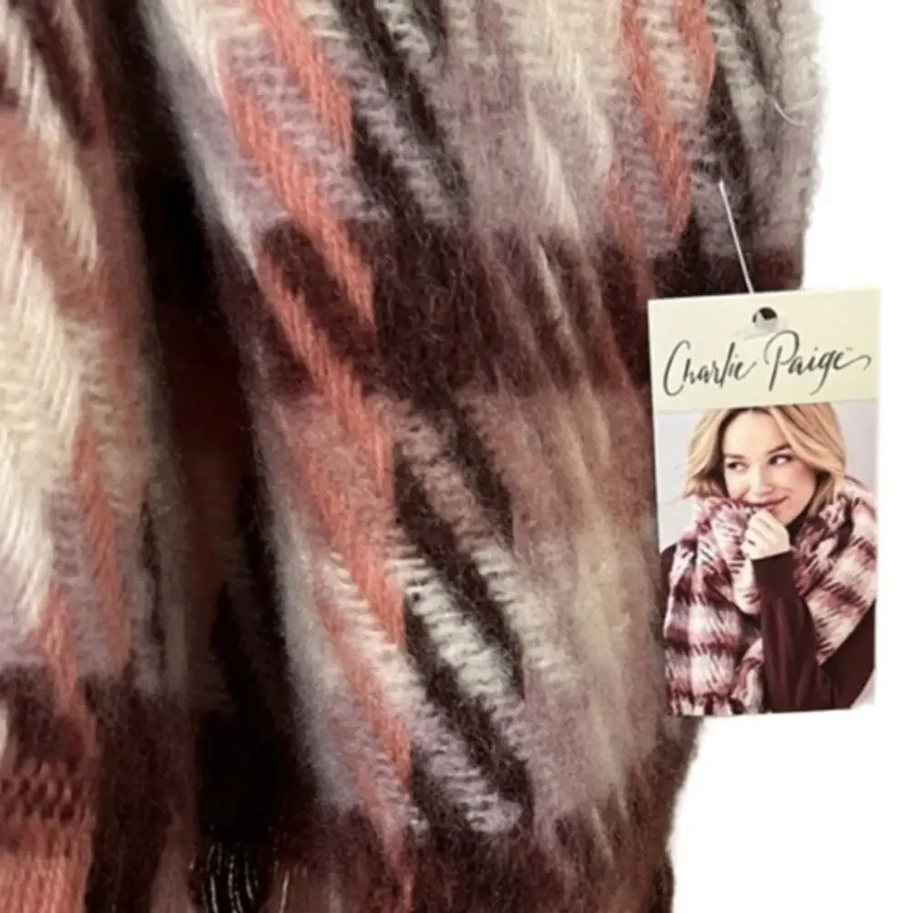 Charlie Paige Red Pink White Fringe Scarf Soft Warm 100% Polyester NEW Tags